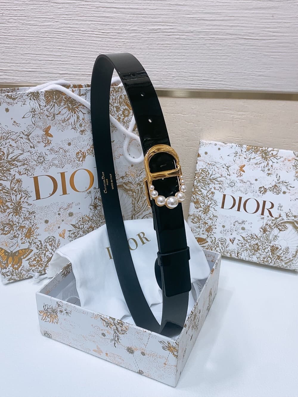 Dior 30 Montaigne Belt 25MM Patent Calfskin Gold/Silver Black High