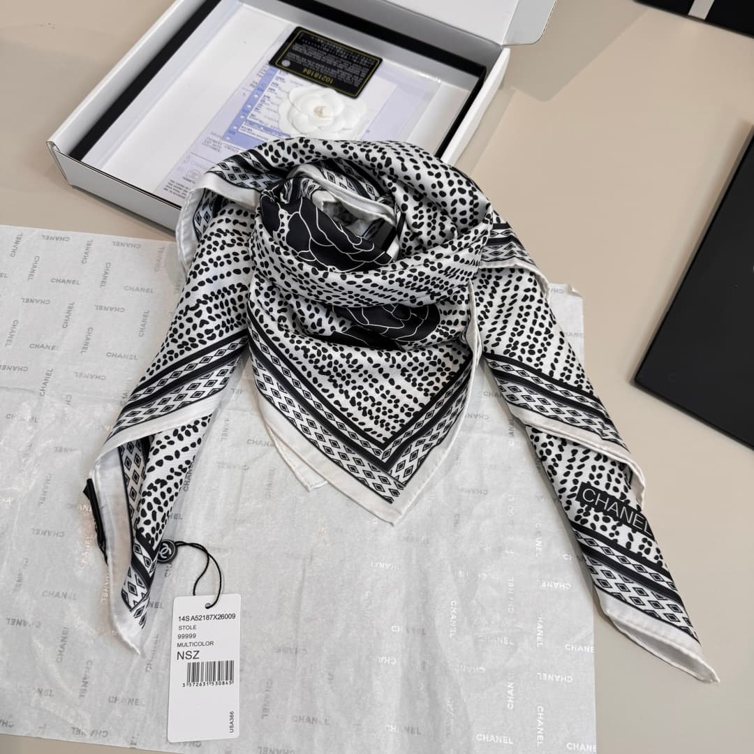 Chanel Camellia Flower Print Silk Square Scarf