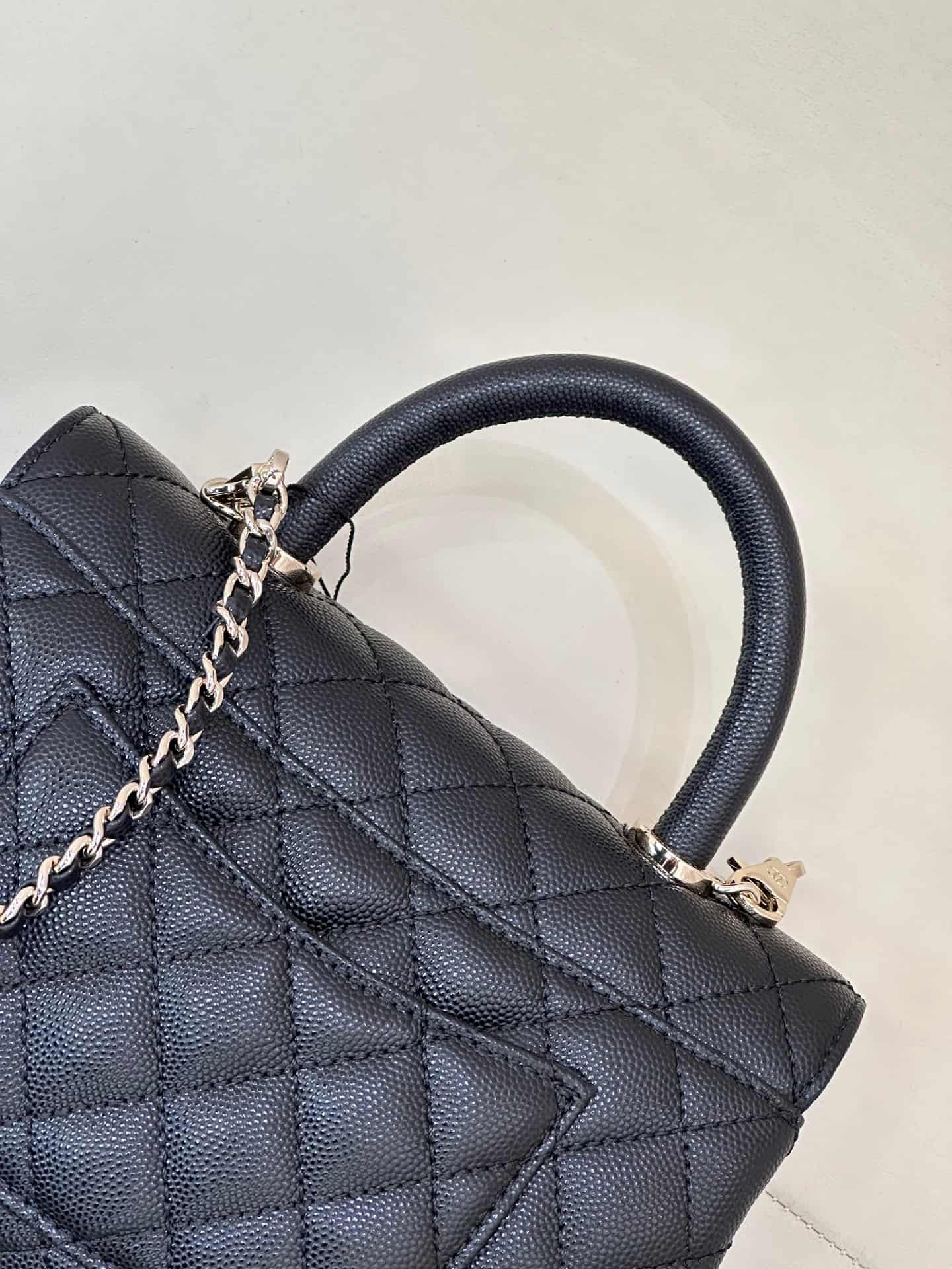 FLAP BAG WITH TOP HANDLE Grained Calfskin & Gold-Tone Metal A92990 Black  TOP