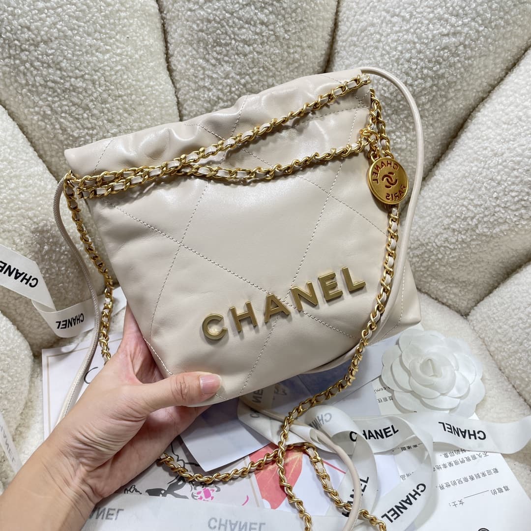 Chanel 22 MINI HANDBAG Shiny Calfskin Cream & Gold-Tone Metal AS3980 High