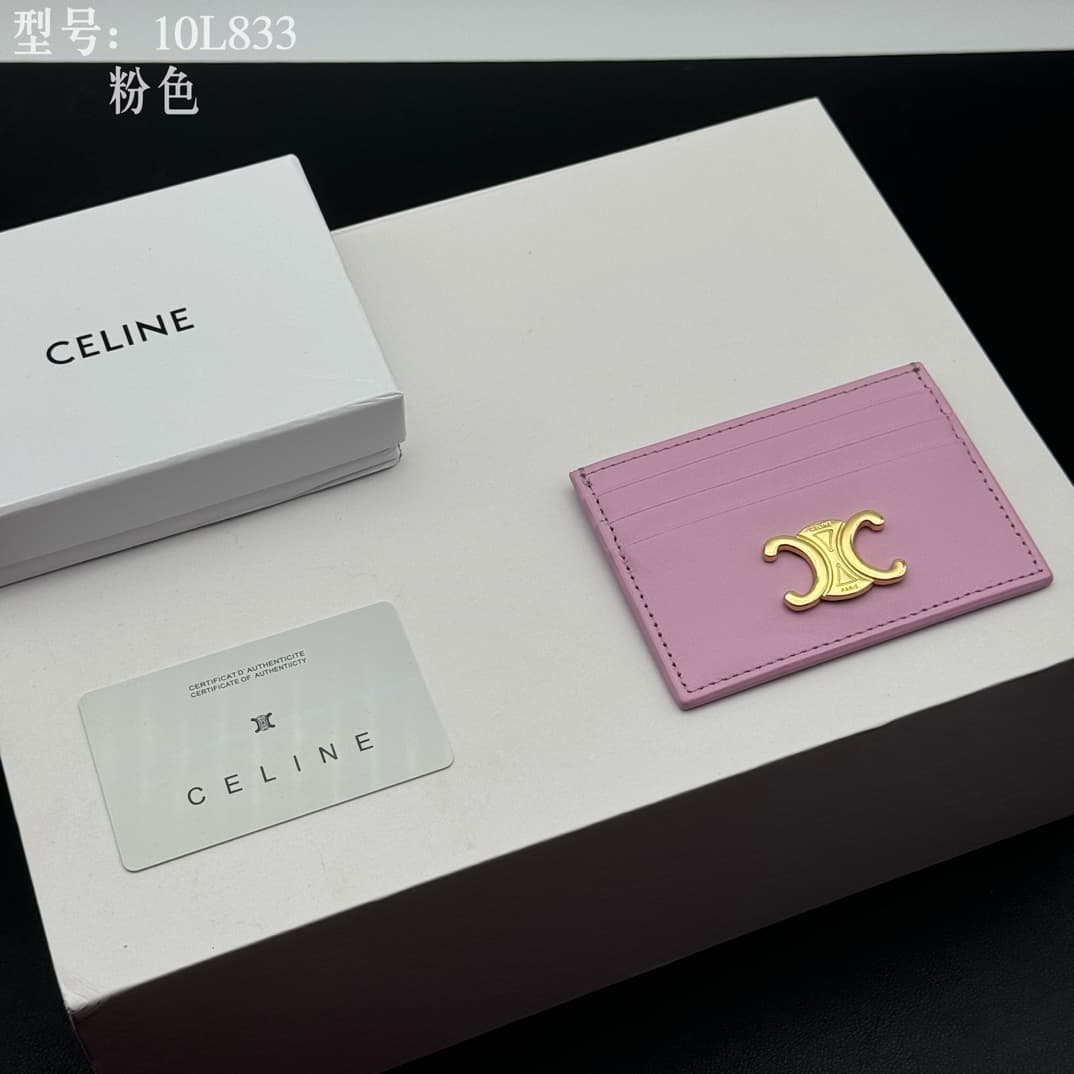 Celine Card Holder Triomphe in Shiny Calfskin Leather Pink High