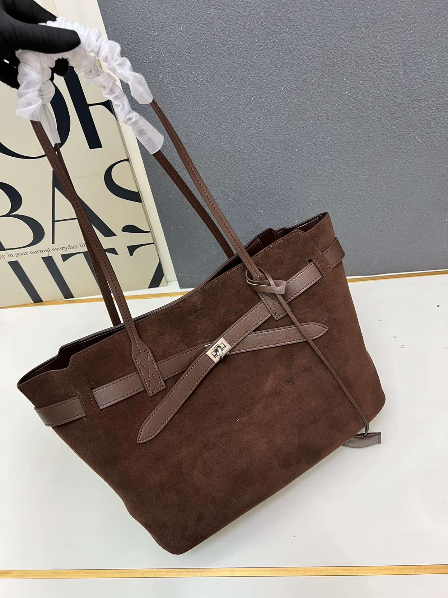 Balenciaga Bel Air Large Waxed Suede Tote Bag in brown silver hardware 1W8807 High