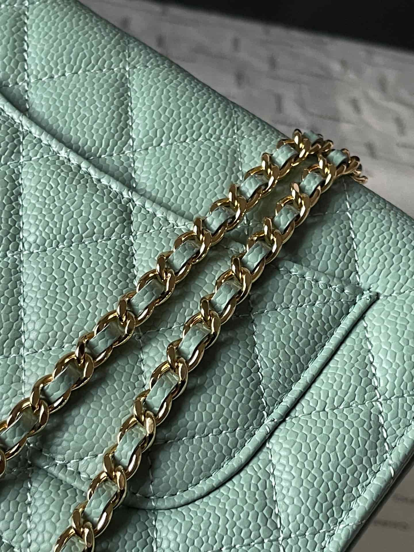 Chanel Classic Wallet on Chain Grained Shiny Calfskin & Gold-Tone Metal AP4241 Light Green A