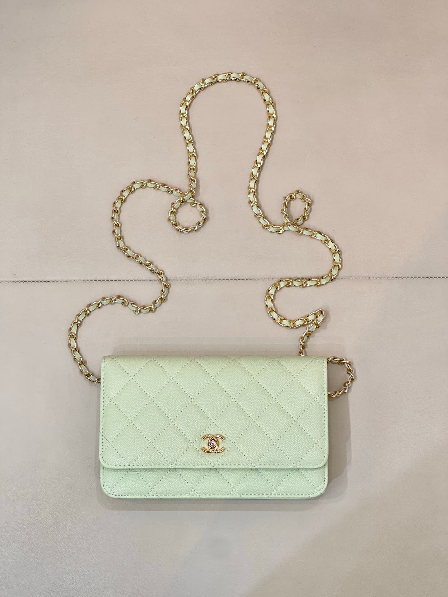Chanel Classic Wallet on Chain Grained Shiny Calfskin& Gold-Tone Metal AP4241 Light Green TOP