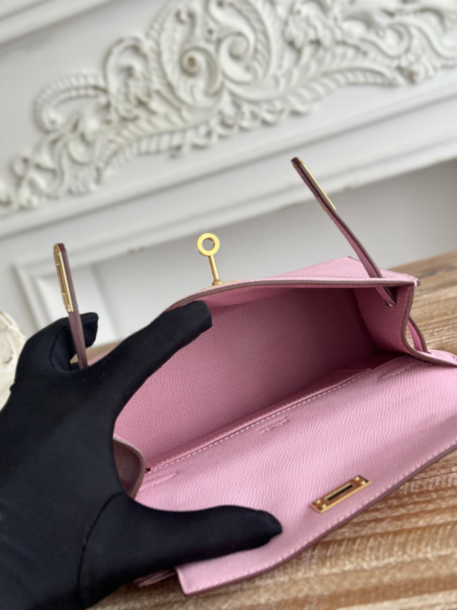 Hermes Kelly Pochette Bag Epsom Leather Silver/Gold Metal Mauve Sylvestre WAX High