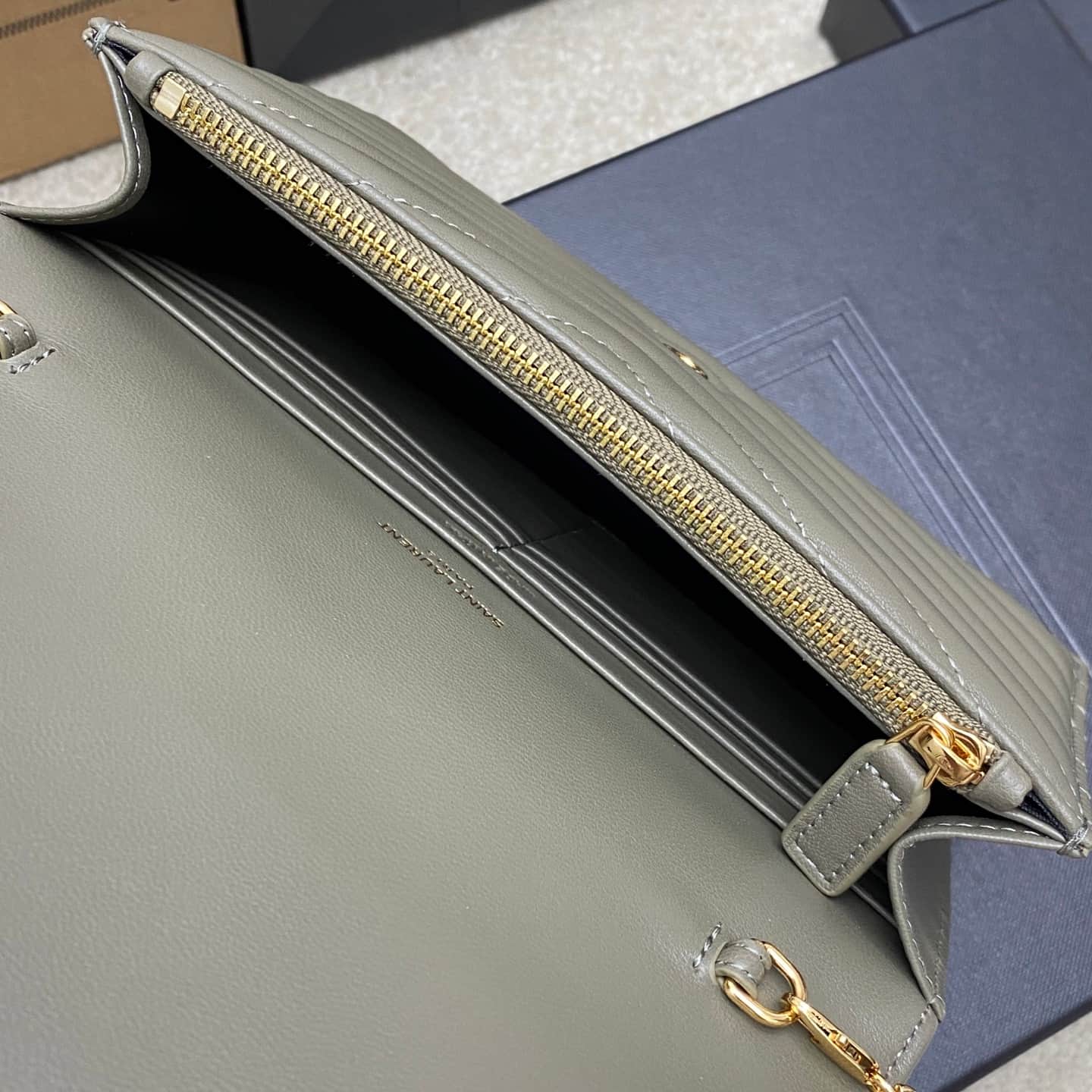 Saint Laurent Monogram Matelassé Cassandre Wallet on Chain Moss Green Lambskin 393953 High