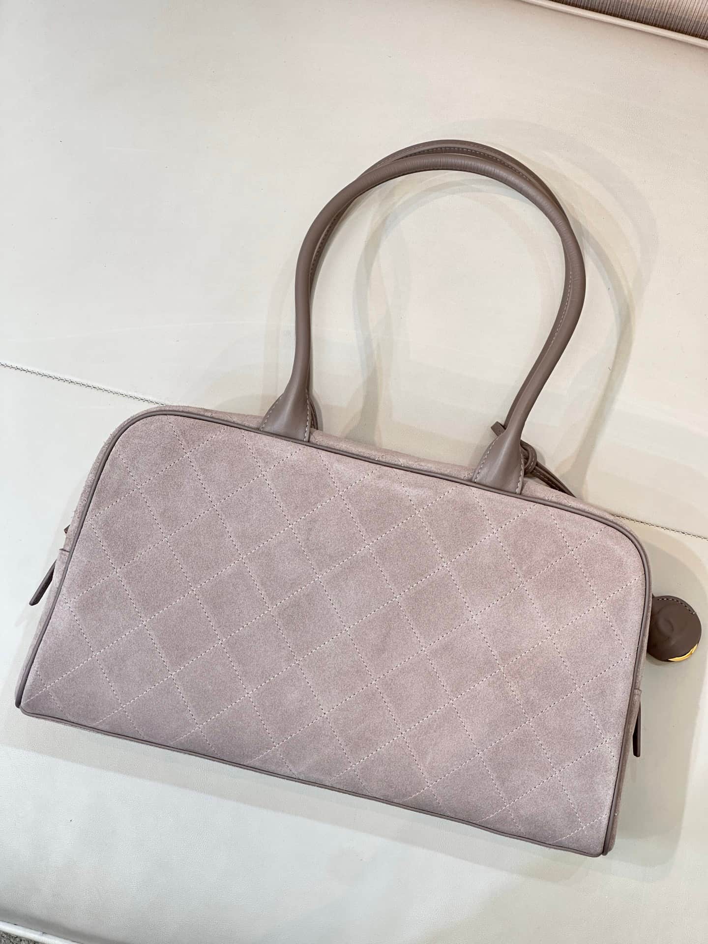 Chanel Bowling Bag Suede Calfskin Calfskin & Gold-Tone Metal Grey TOP