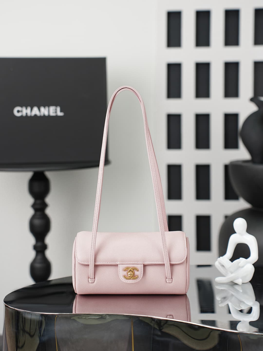 Chanel Small Bowling Bag Grained Shiny Calfskin & Gold-Tone Metal AS6143 Light Pink High