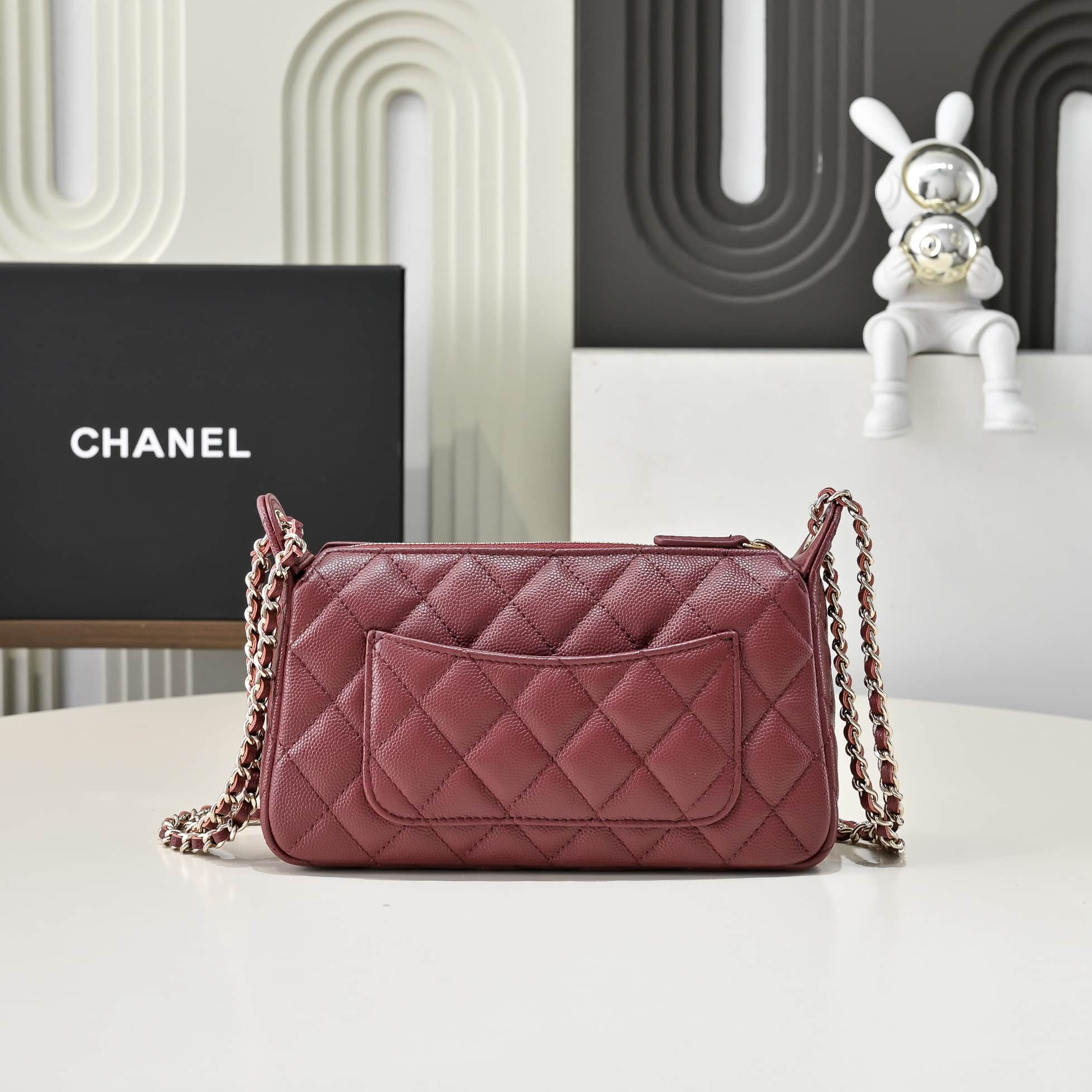 Chanel Chain Wallet Grained Shiny Calfskin & Gold-Tone Metal AS4704 Wine Red A