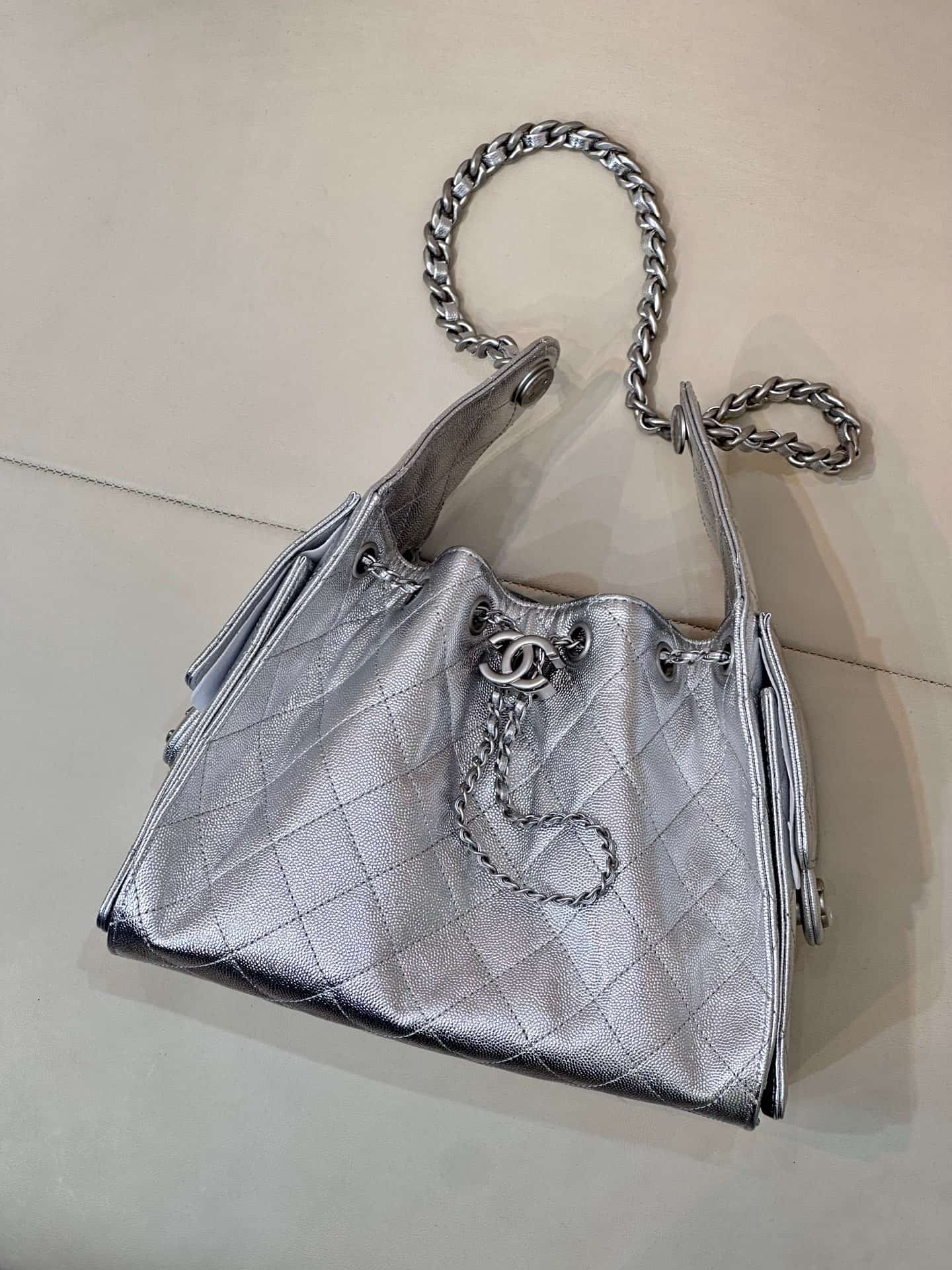 Chanel 25 Small Hobo handbag AS5293 Grained Calfskin & Silver-tone Metal Silver TOP