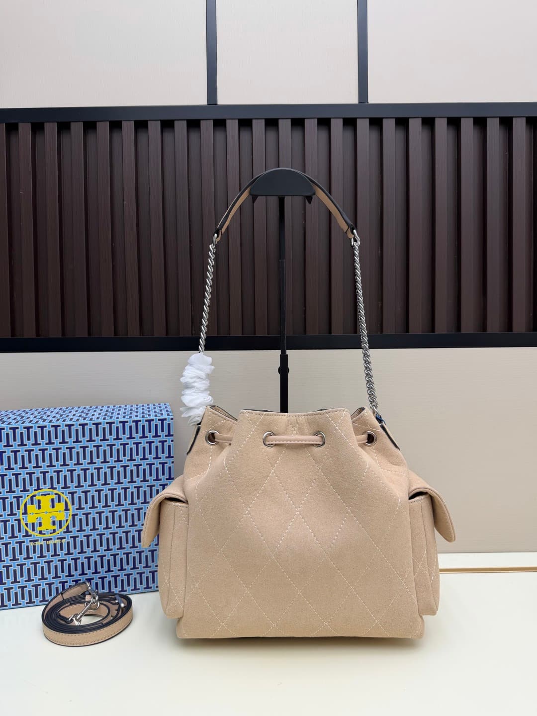 Tory Burch Charlie Quilted Suede Drawstring Shoulder Bag Beige High