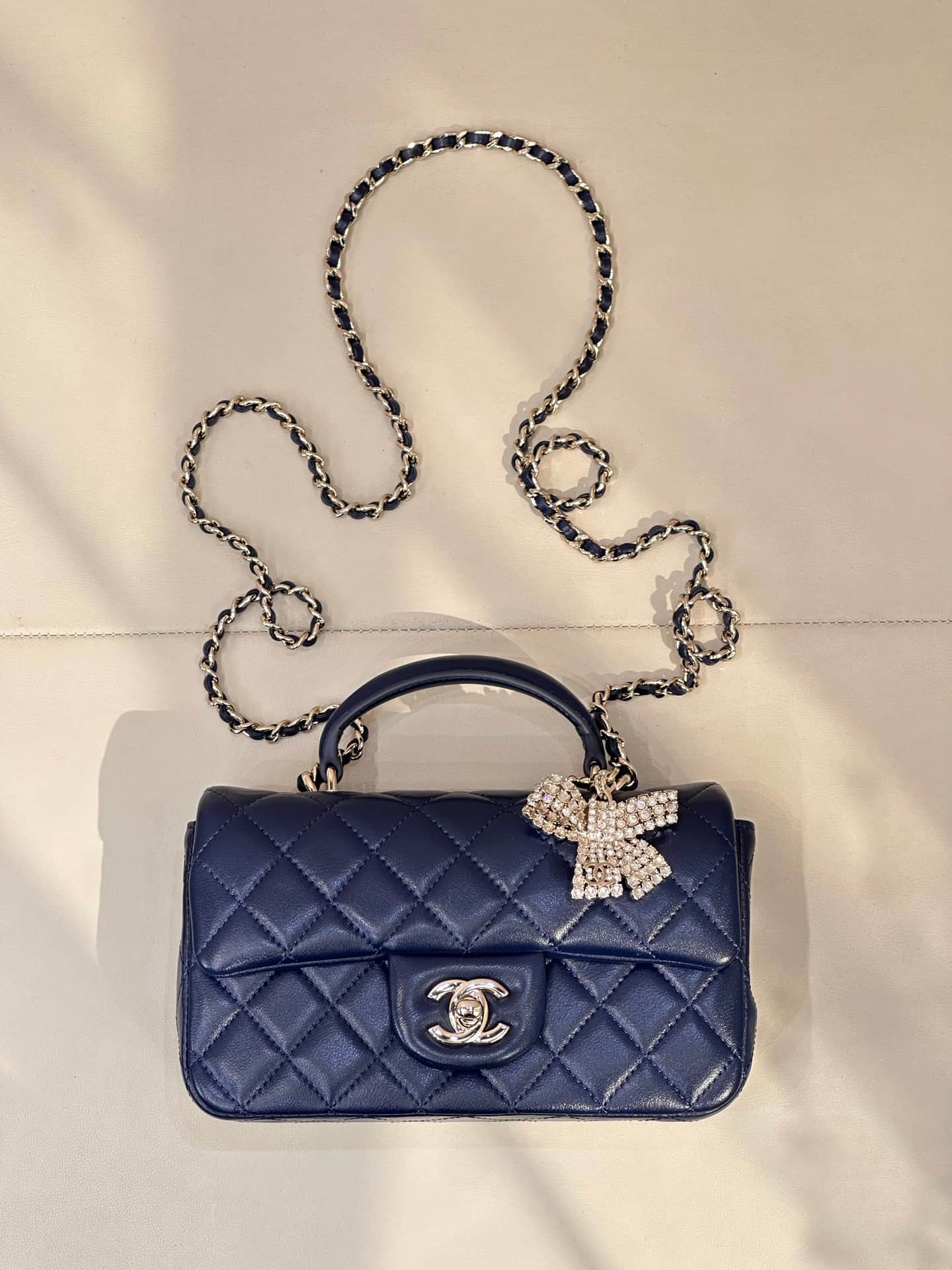 Chanel Mini Classic Handbag Lambskin Strass & Gold-Tone Metal AS2431 dark blue TOP