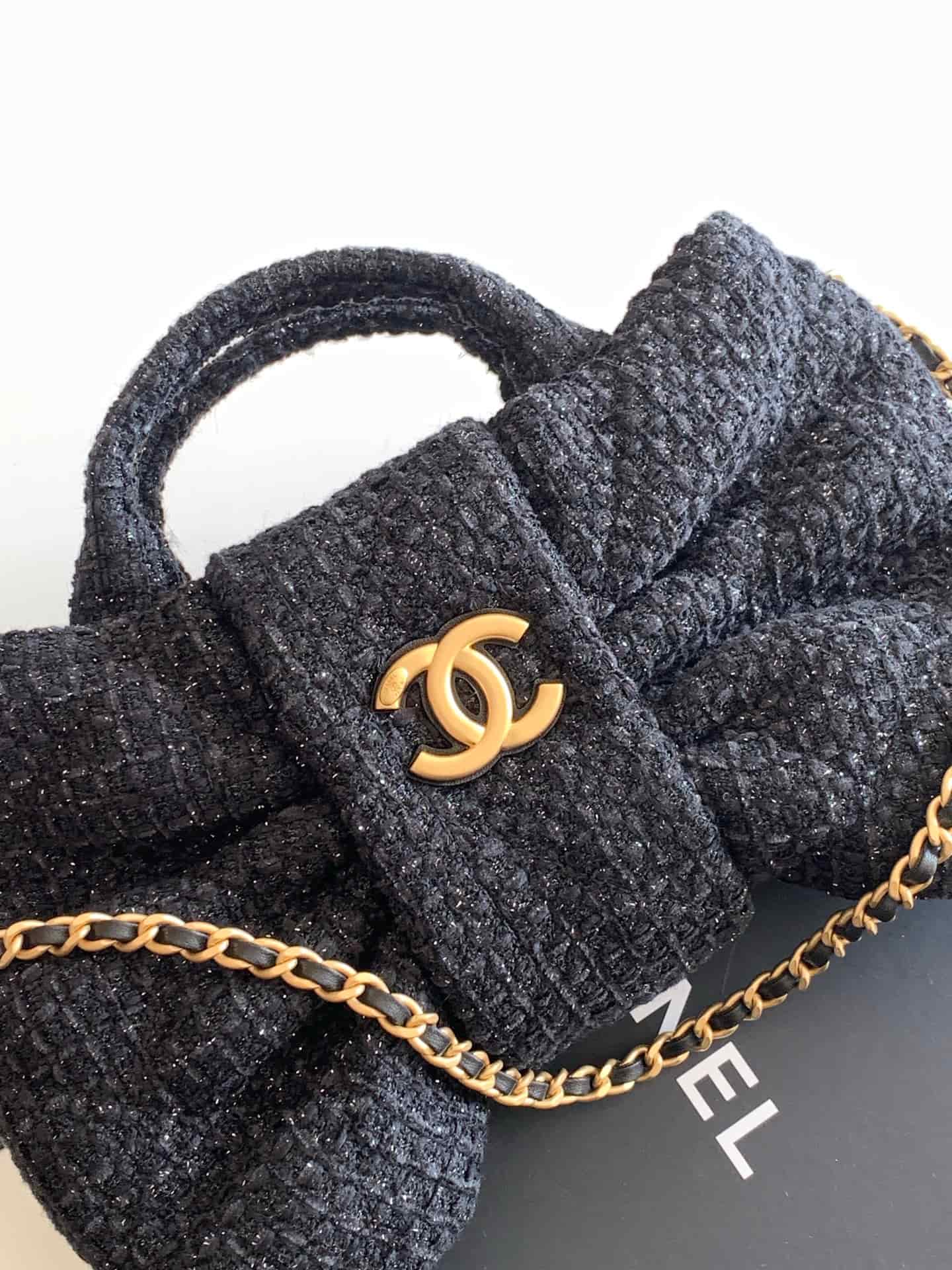 Chanel Mini Bow Bag Tweed & Gold-Tone Metal Black AS5849 A
