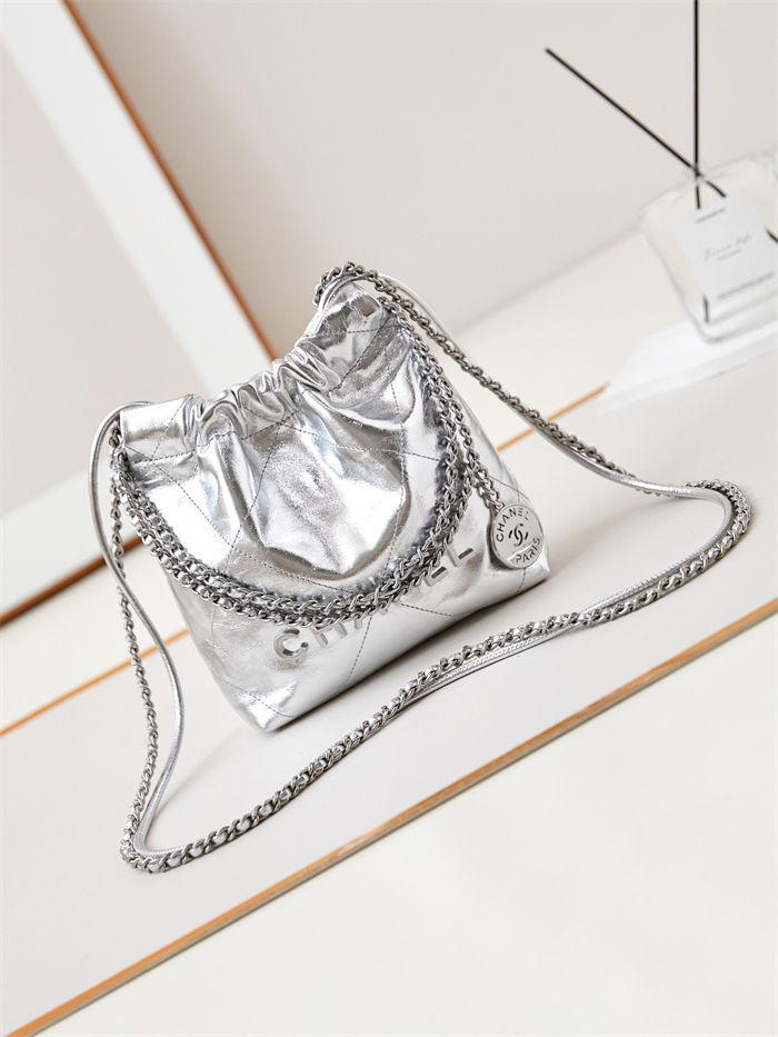Chanel 22 MINI HANDBAG Metallic Calfskin & Silver-Tone Metal Silver AS3980 A