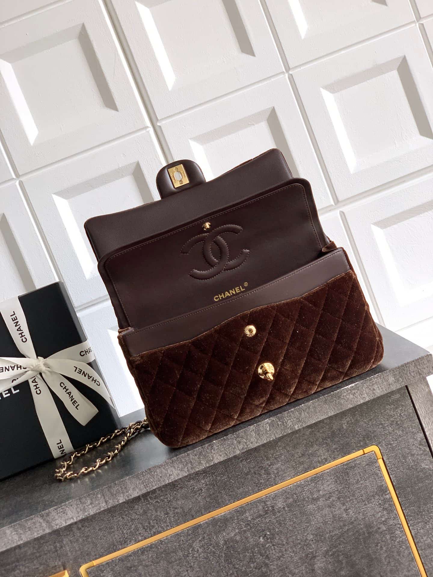 Chanel Medium CLASSIC HANDBAG Velvet  & Gold-Tone Metal Coffee A