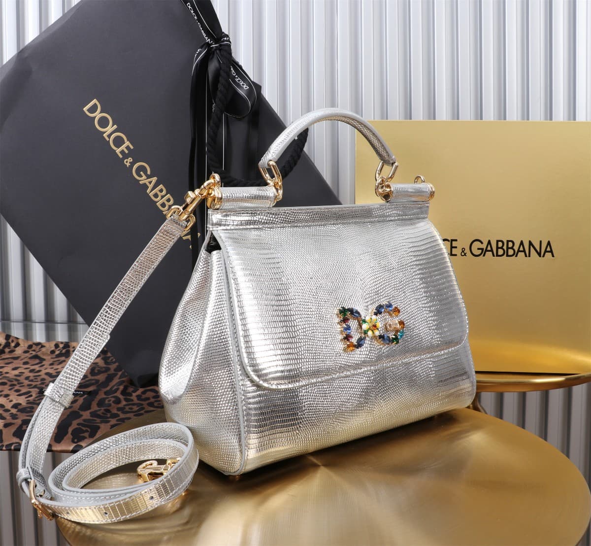 Sicily Handbag 25cm in Iguana Print Calfskin and Crystal DG Logo Patch High