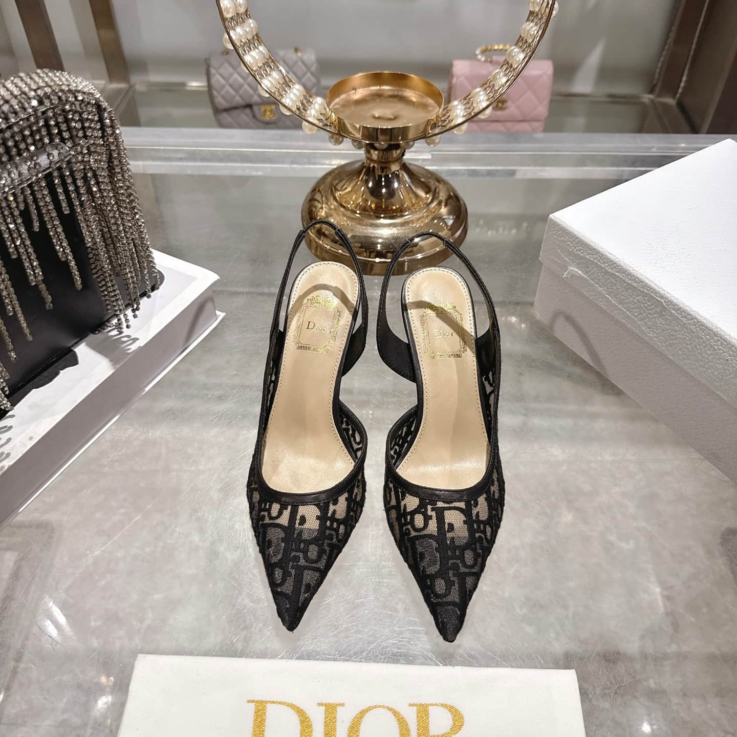 Dior Oblique embroidered mesh slingback pumps
