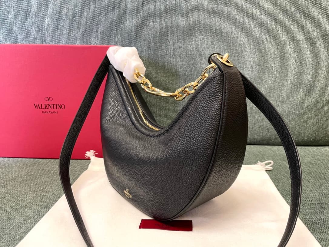 Valentino Garavani VLogo Moon small hobo bag in black grained calfskin High