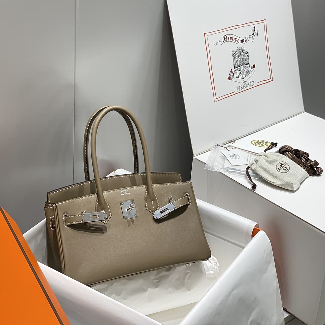 Hermes Shoulder Birkin 29 Swift leather Etoupe & Silver Metal WAX High