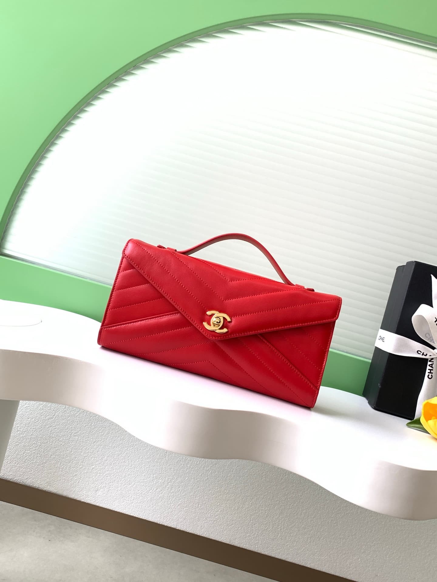 Chanel Flap Bag with Top Handle Chevron Calfskin & Gold-Tone Metal Red AS6044 A