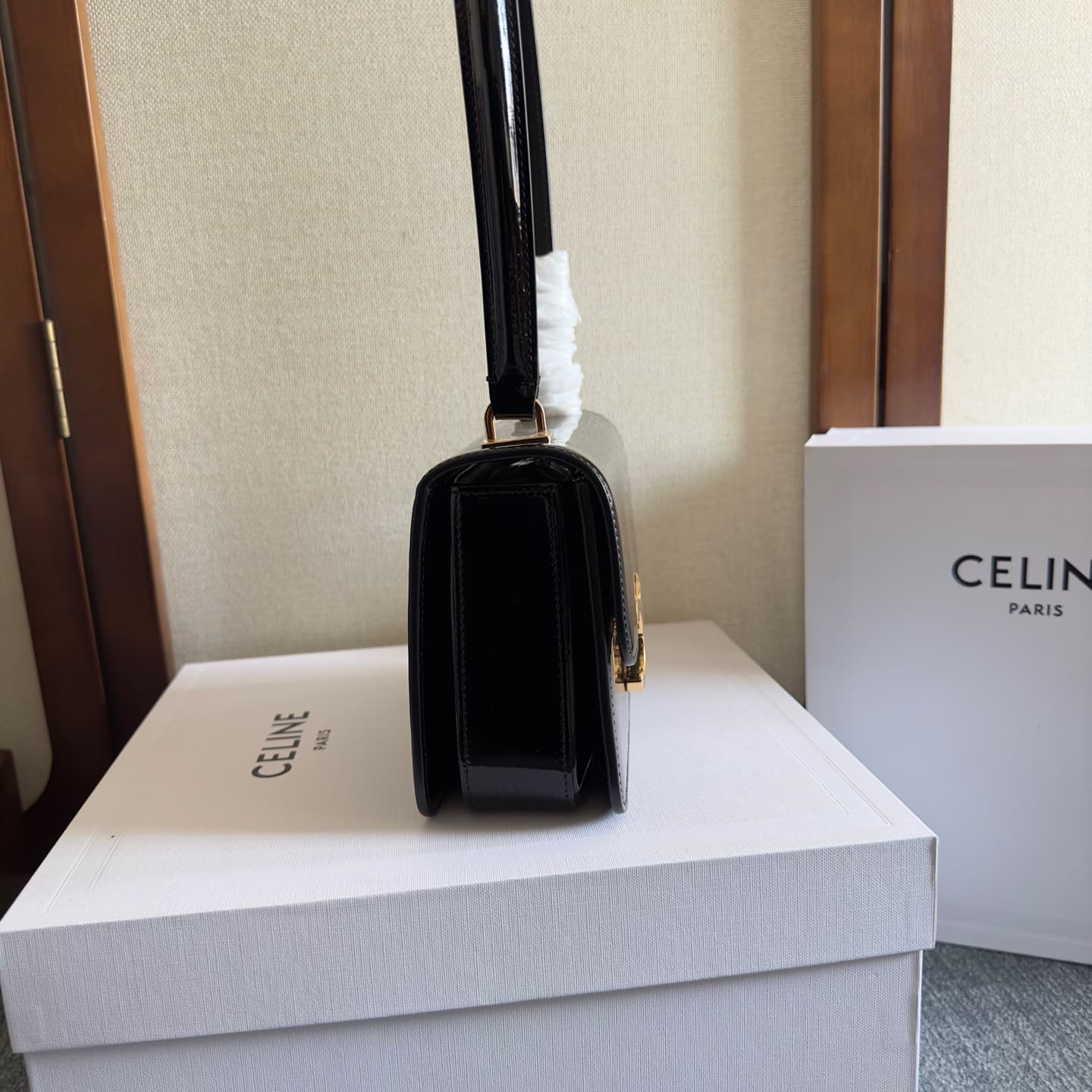 Celine Teen Garance Shoulder Bag in Black Patent Calfskin High