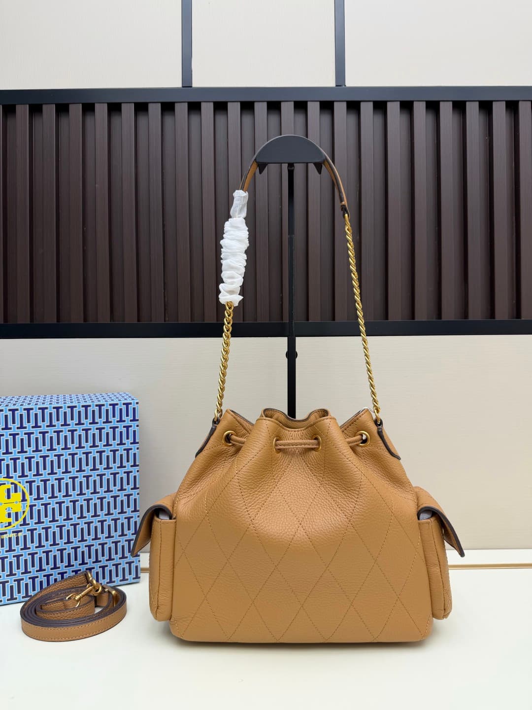 Tory Burch Charlie Quilted Drawstring Shoulder Bag Caramel Leather High