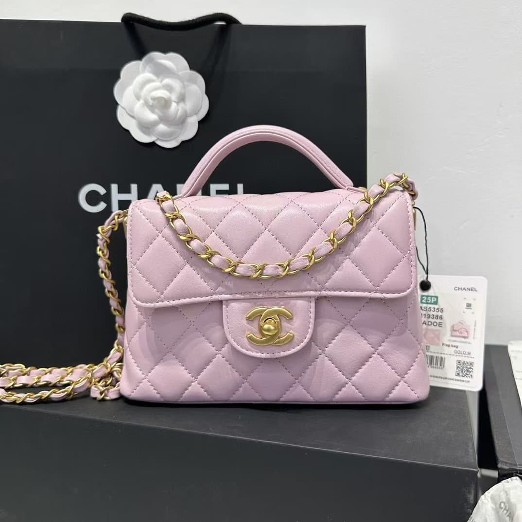 SMALL FLAP BAG WITH TOP HANDLE Lambskin Gold-Metal AS5355 Pink A