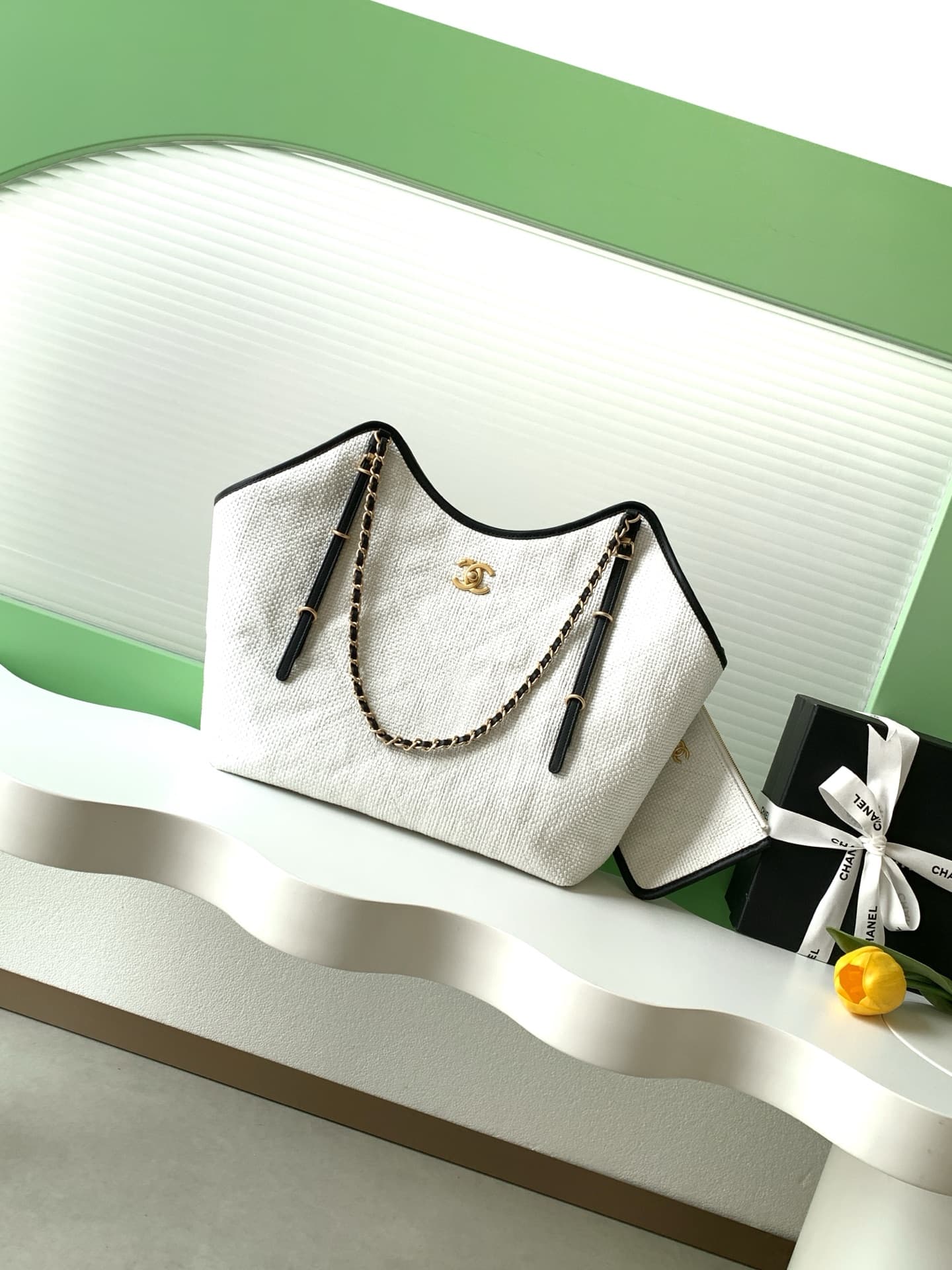 Chanel Shopping Bag Braided Raffia Calfskin & Gold-Tone Metal White & Black  AS5466 A
