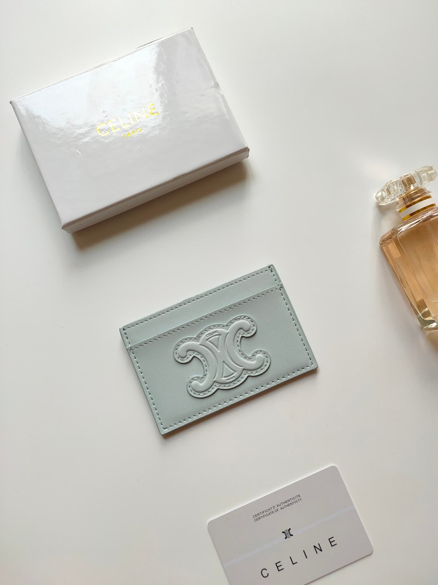 Celine Triomphe card holder in light green shiny calfskin leather 10B703 High