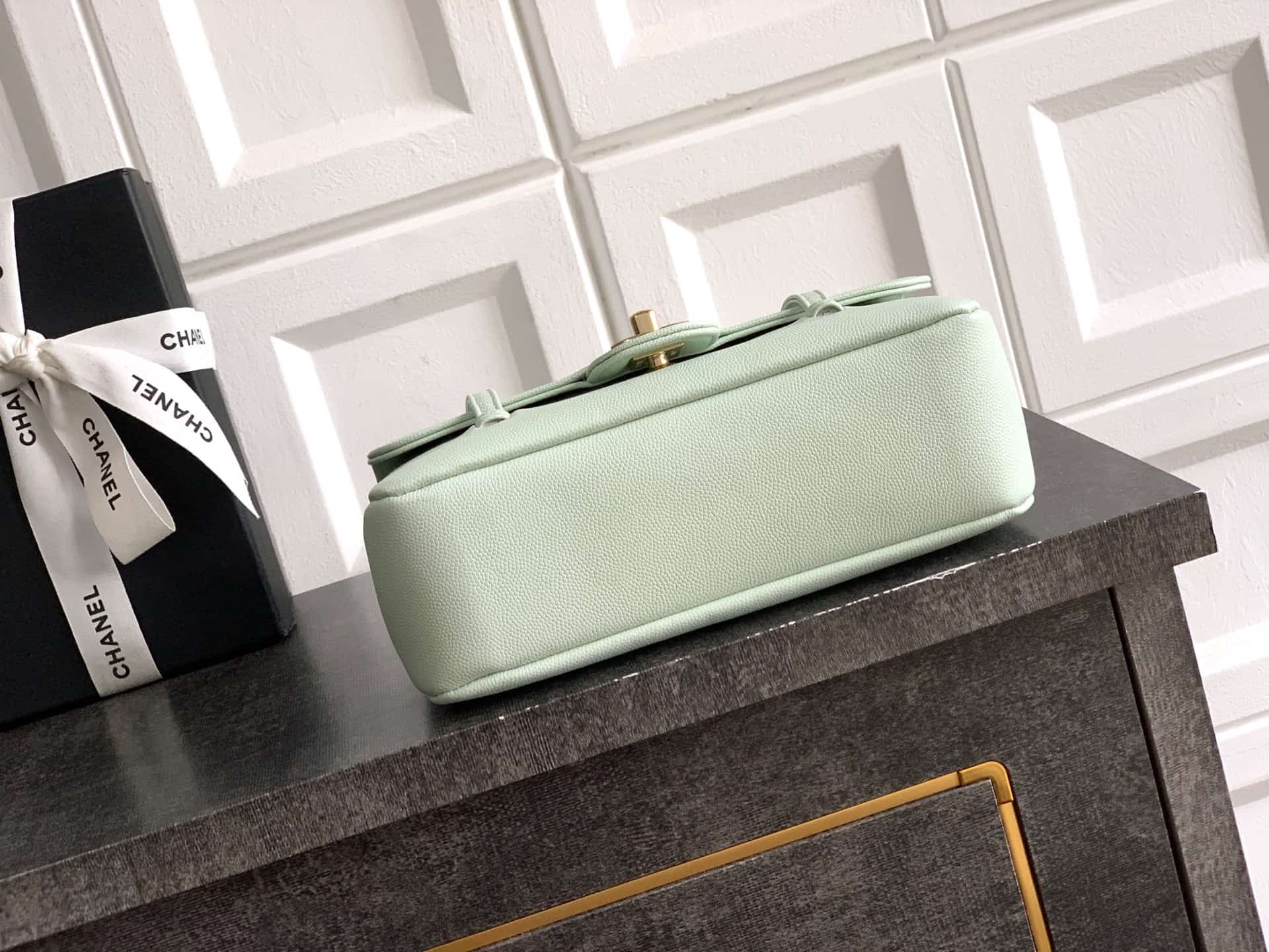 Chanel Clutch with Leather Strap Grained Shiny Calfskin & Gold-Tone Metal Light Green  5809 High