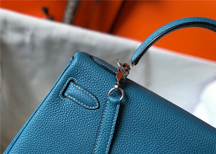Hermes Kelly 25/28/32cm Retourne Bag Togo Leather In Agate Blue WAX High