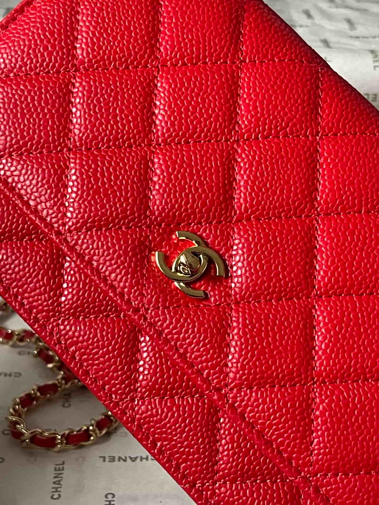 Chanel Classic Wallet on Chain Grained Shiny Calfskin & Gold-Tone Metal AP4241 Red A