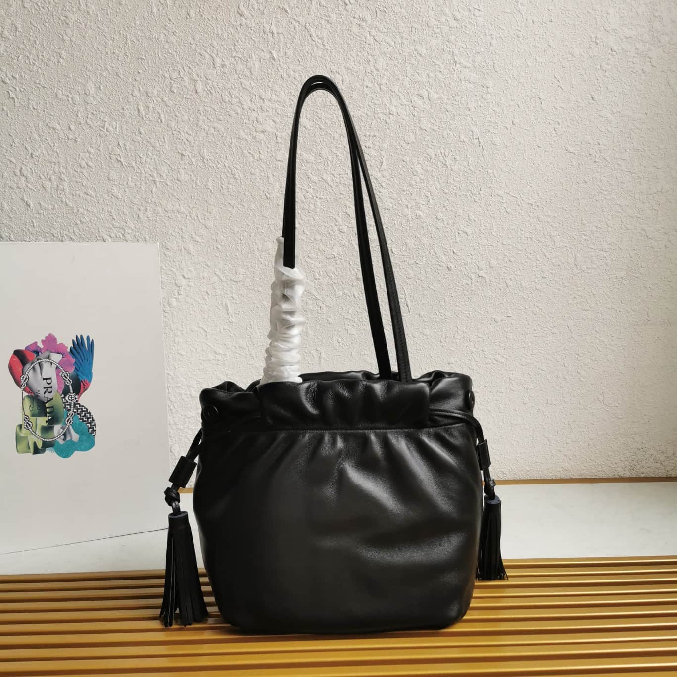 Prada Nappa Drawstring Tote Bag Lambskin Black 1BG541 High