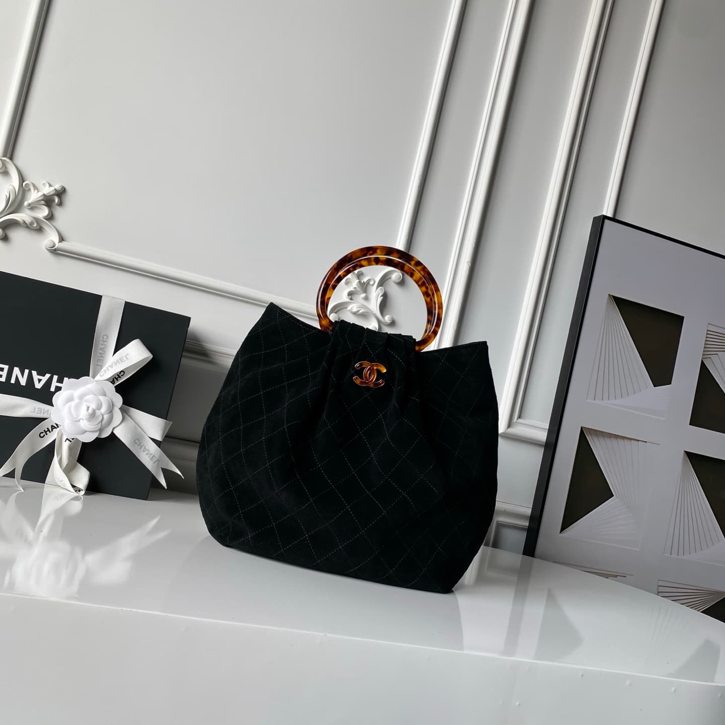 Chanel Medium Hobo Bag Suede Calfskin Turtoise-Shell Effect Plexi & Gold-Tone Metal Black AS6010 High