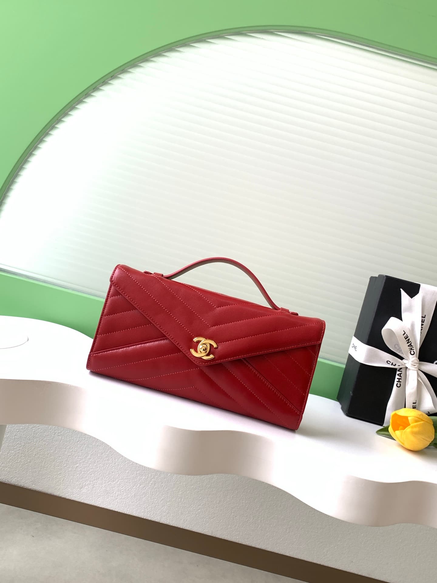 Chanel Flap Bag with Top Handle Chevron Calfskin & Gold-Tone Metal Red AS6044 A