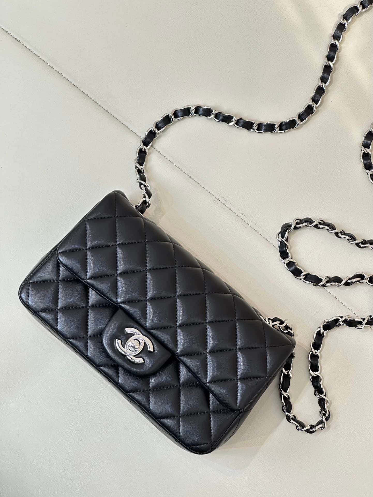 CHANEL Mini Classic Handbag Lambskin & Silver-Tone Metal A69900 Black TOP
