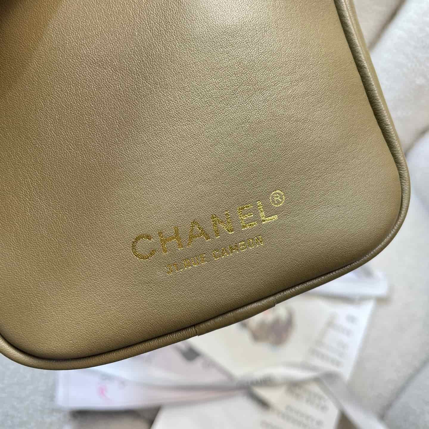 Chanel Maxi Bowling Bag Calfskin & Gold-Tone Metal Khaki AS6211 A