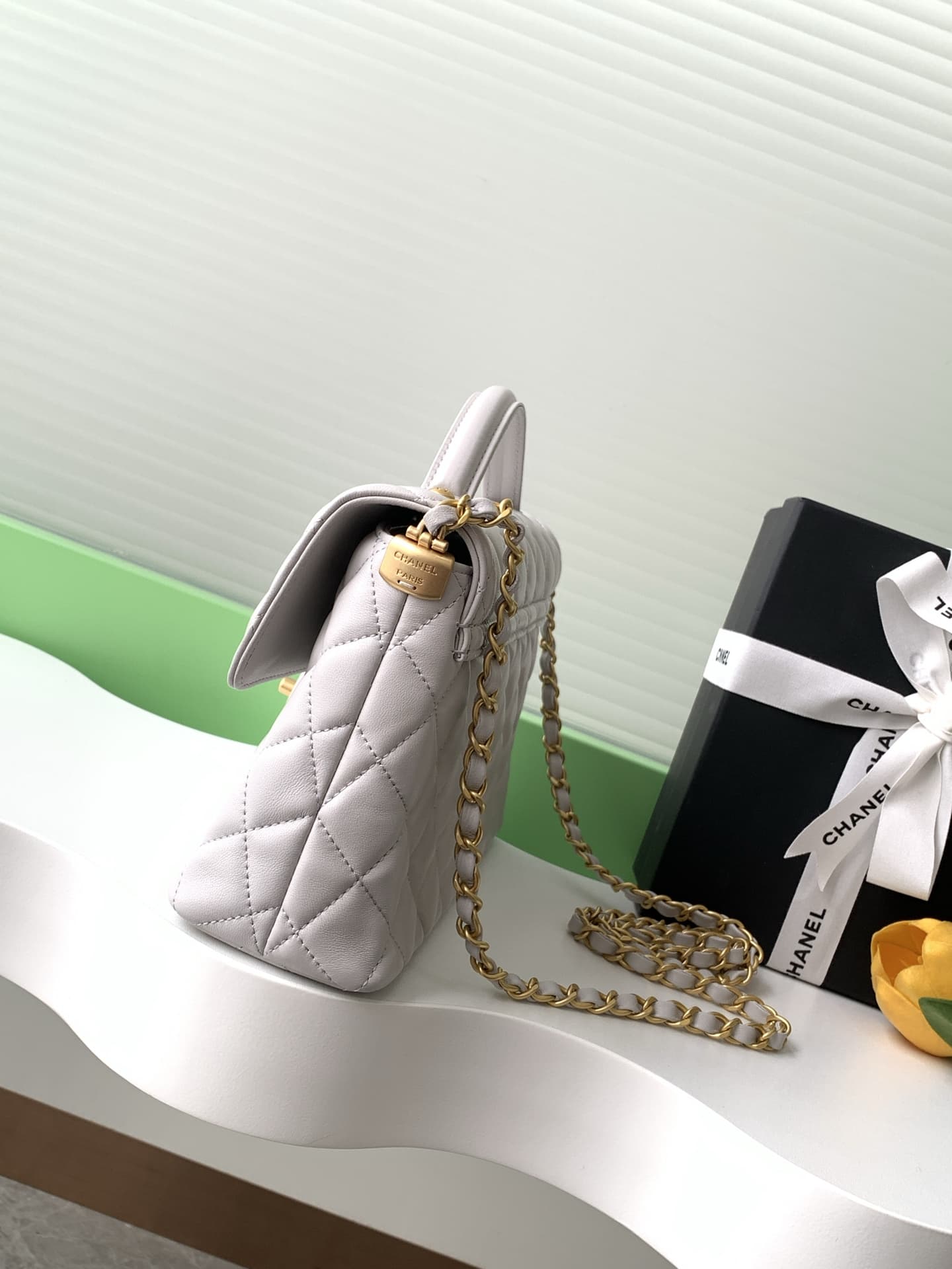 FLAP BAG WITH TOP HANDLE Lambskin Gold-Metal AS5356 Gray A