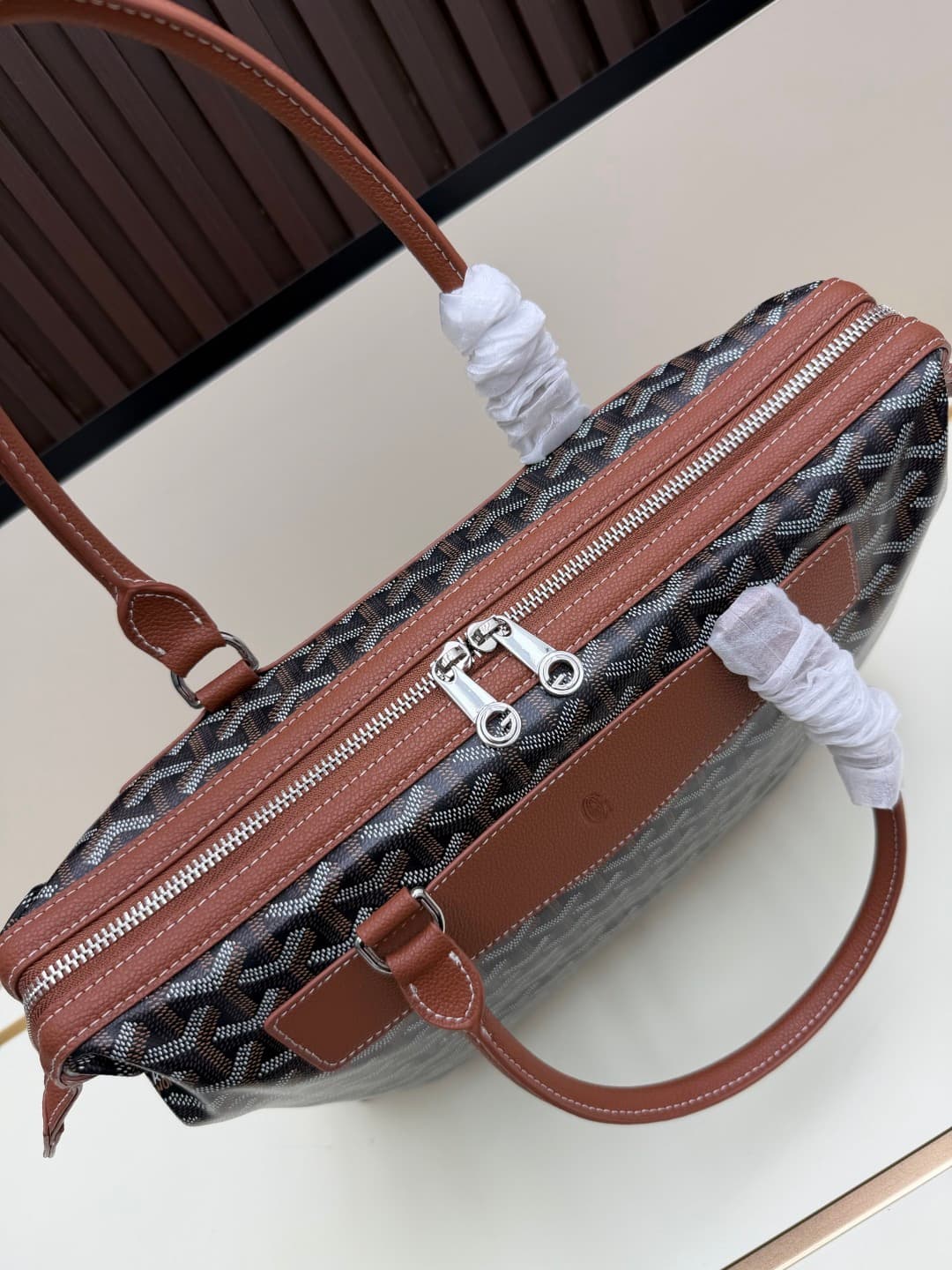 Goyard Cisalpin Document Case Brown Chevron Print Coated Canvas Mid
