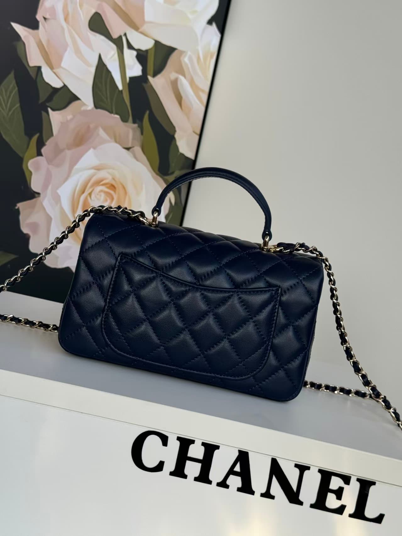 Chanel Mini Flap Bag with Top Handle Lambskin& Gold-Tone Metal Navy Blue A