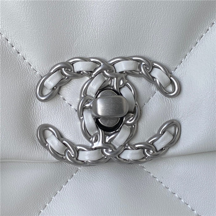 Large Chanel 19 Flap Bag Lambskin White Silver High