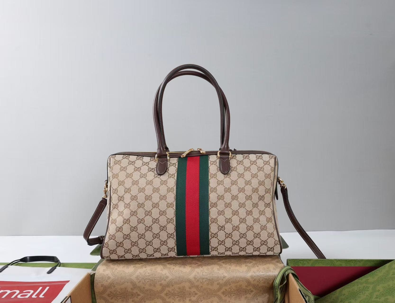Gucci Borsetto large boston bag sand and brown GG canvas 866734 High