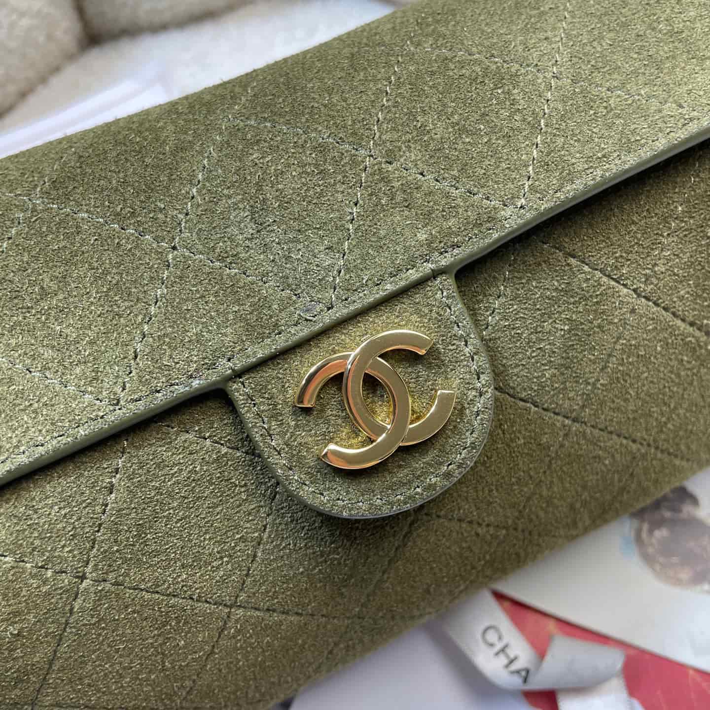 Chanel Clutch with Chain Suede & Gold-Tone Metal AP5294 Khaki Green AP5294 A
