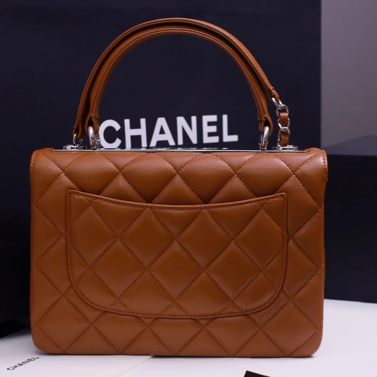 SMALL FLAP BAG WITH TOP HANDLE Lambskin Silver Metal Tan A