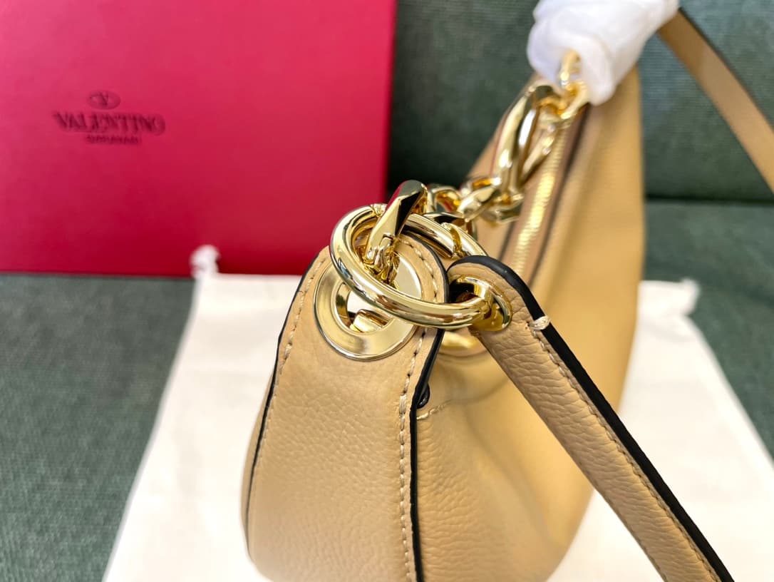 Valentino Garavani VLogo Moon small hobo bag in beige grained calfskin High