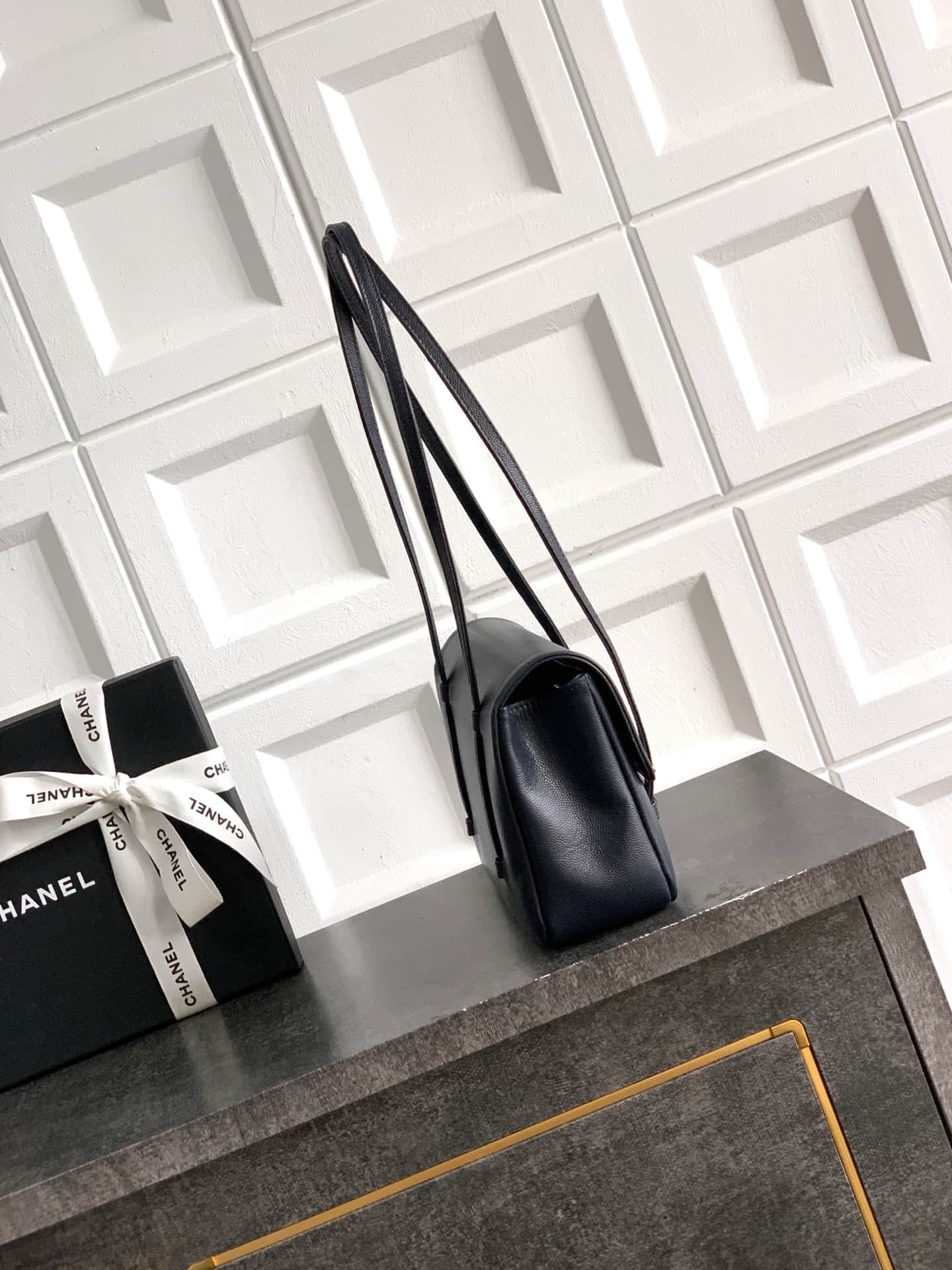 Chanel Clutch with Leather Strap Grained Shiny Calfskin & Gold-Tone Metal Navy Blue  5809 High