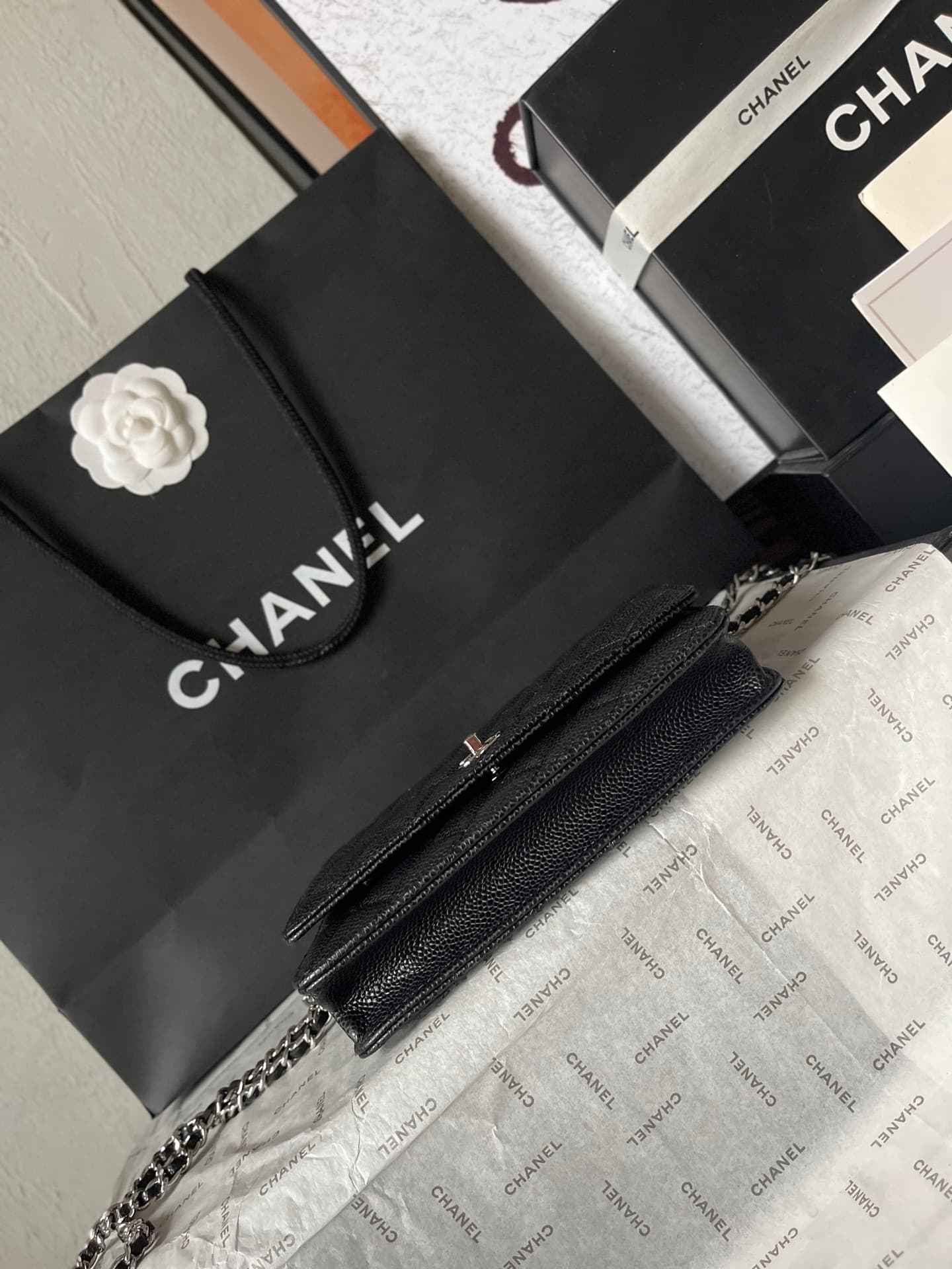 Chanel Classic Wallet on Chain Grained Shiny Calfskin & Silver-Tone Metal AP4241 Black A