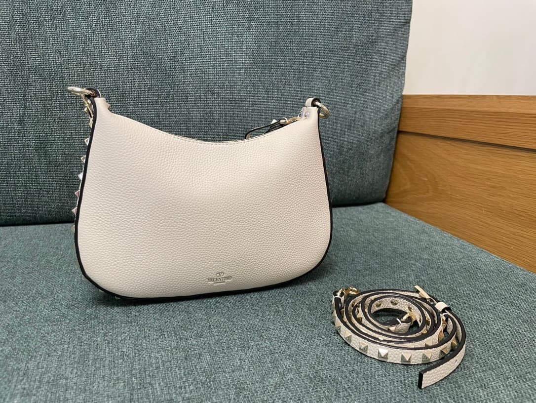 Valentino Garavani Rockstud Hobo bag in grainy white calfskin high