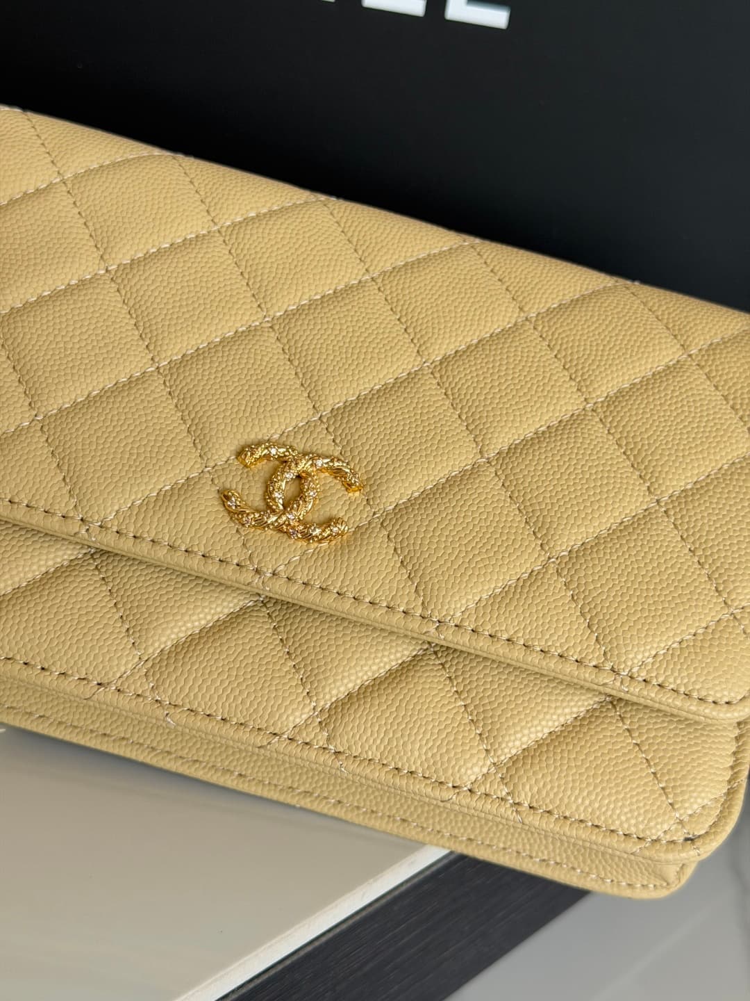 Chanel Wallet on Chain Shiny Grained Calfskin Strass & Gold-Tone Metal Yellow AP5073 High