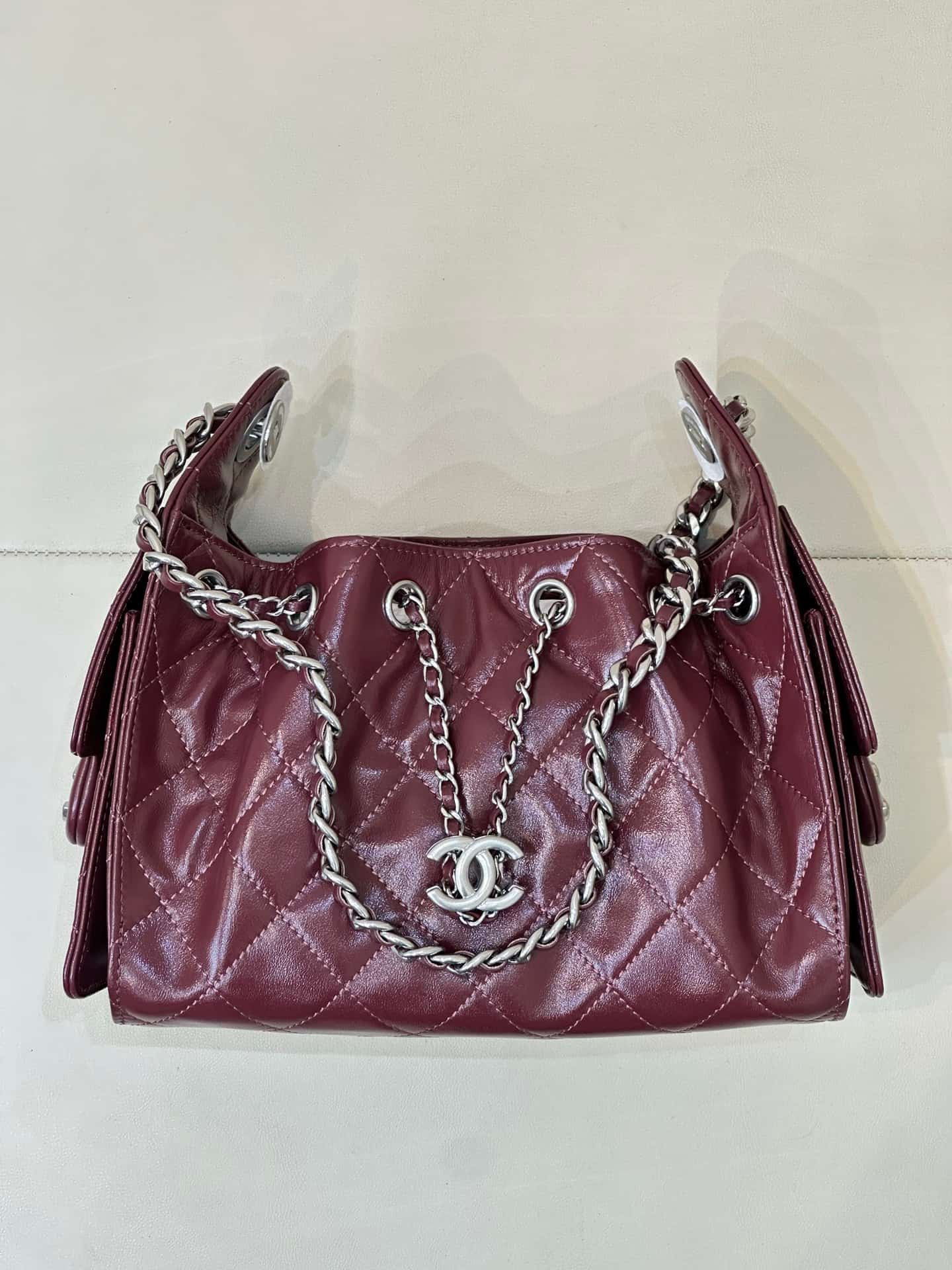 CHANEL 25 Mini Handbag AS5631 Shiny Calfskin & Silver-tone Metal Burgundy TOP